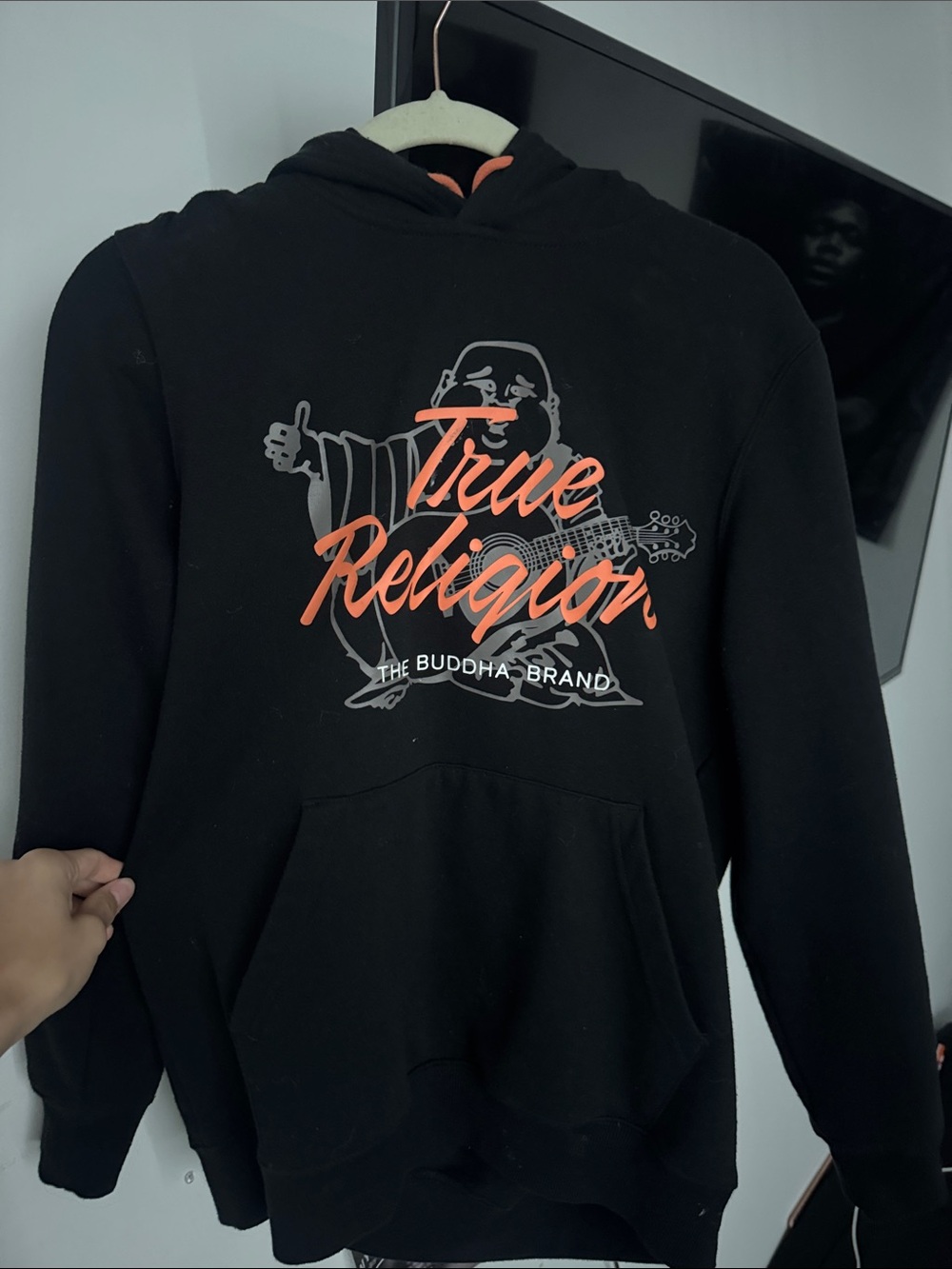 True Religion Black Hoodie with Orange Script Logo